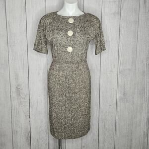 VTG 50s 60s JOHN NORMAN Brown/Cream Boucle Large Button Midi Dress, sz Small